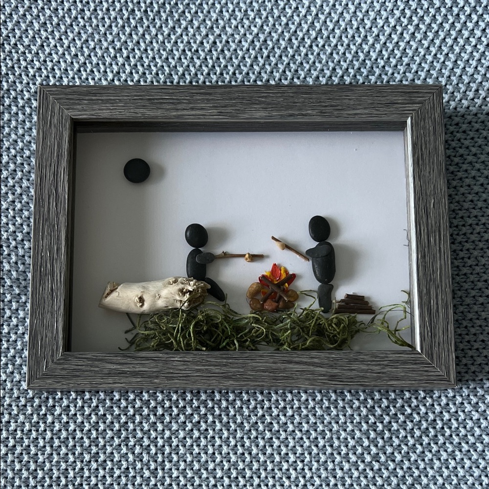 Framed Pebble Art with Campfire Scene